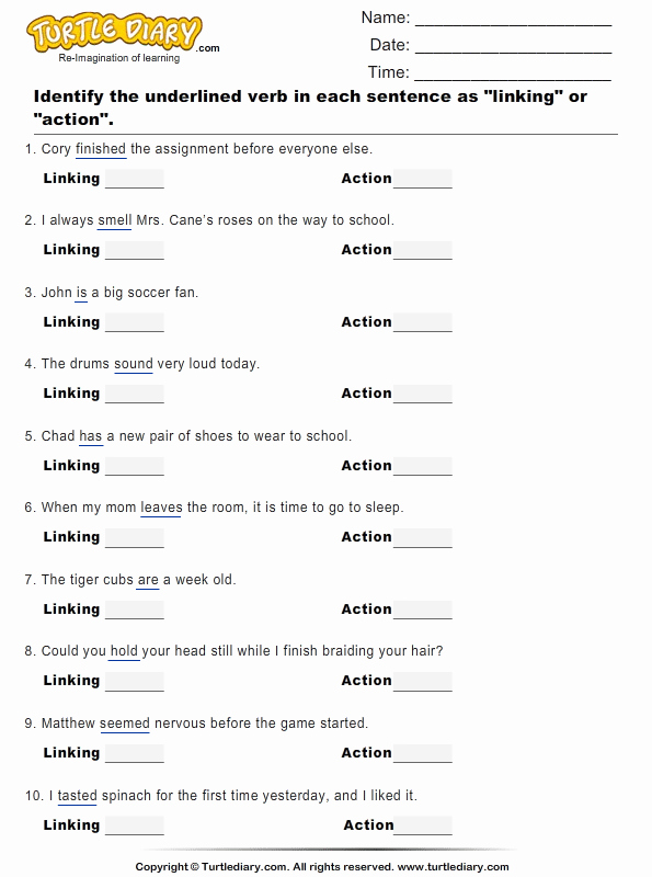 Action and Linking Verbs Worksheet Luxury Identify Verbs as Action or Linking Turtlediary
