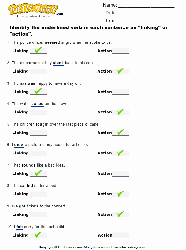 Action and Linking Verbs Worksheet Luxury Identify Verbs as Action or Linking Turtlediary
