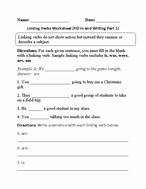 Linking Verb Worksheets For Grade 3