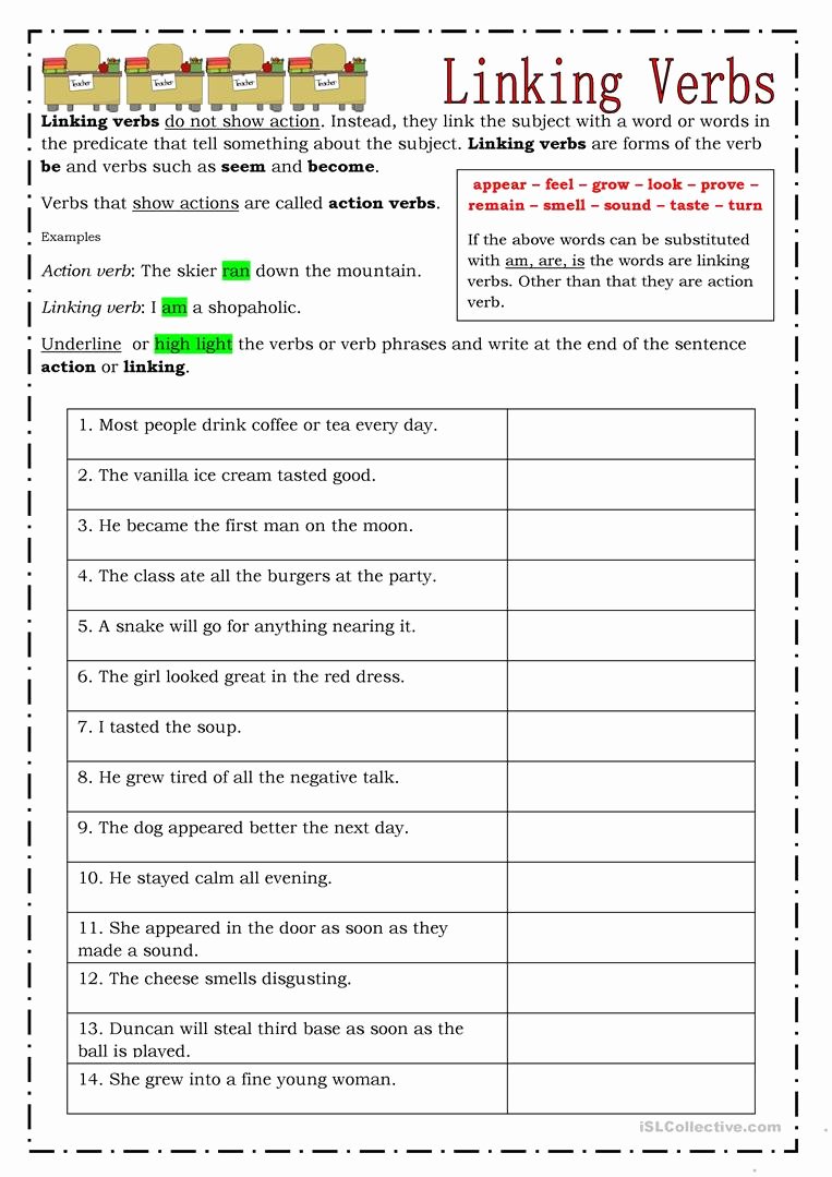 Action and Linking Verbs Worksheet New Action and Linking Verbs Worksheet