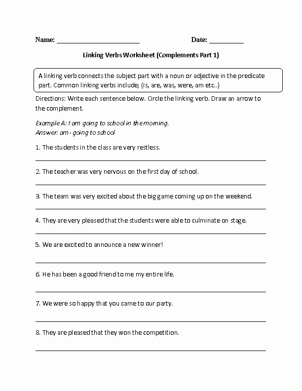 Action and Linking Verbs Worksheet Unique Linking Verbs and Plements Worksheet