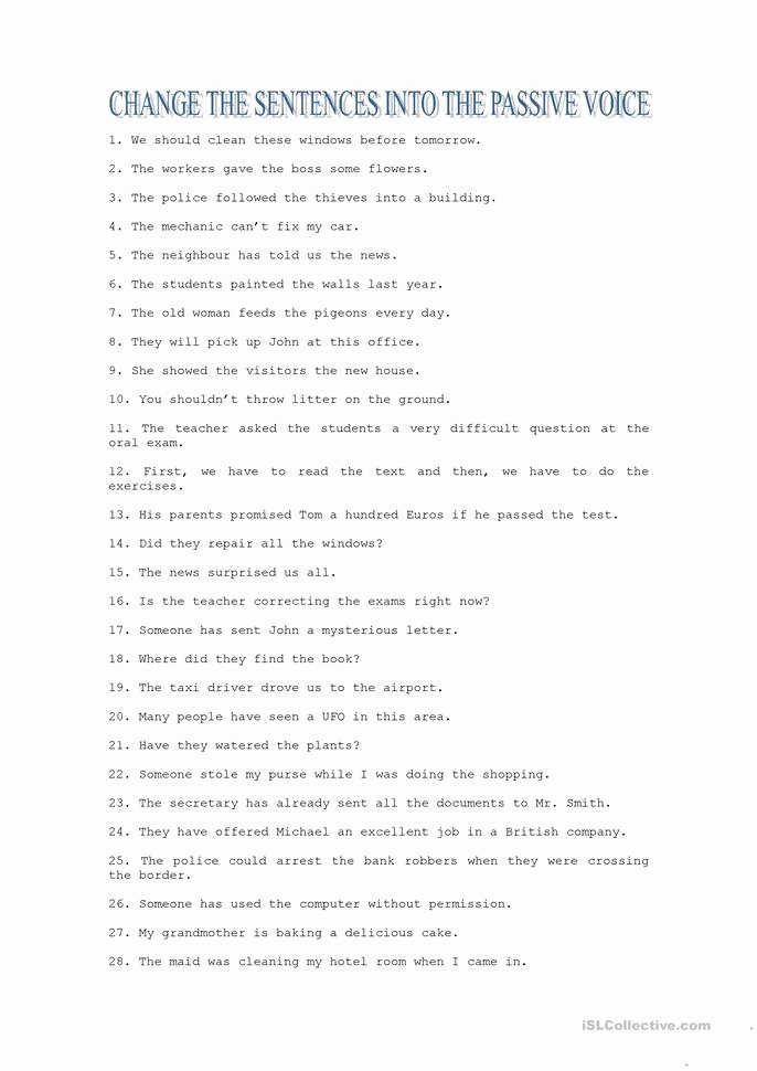 Active Passive Voice Worksheet Awesome Passive Voice Exercises Worksheet Free Esl Printable
