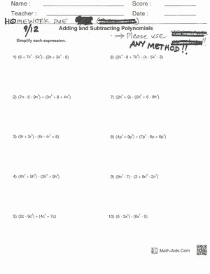 Adding and Subtracting Polynomials Worksheet Awesome Homework Due 9 12 2014