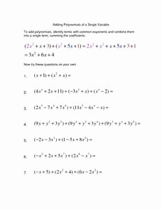 Adding and Subtracting Polynomials Worksheet Elegant Adding Polynomials Of A Single Variable Worksheet for 9th