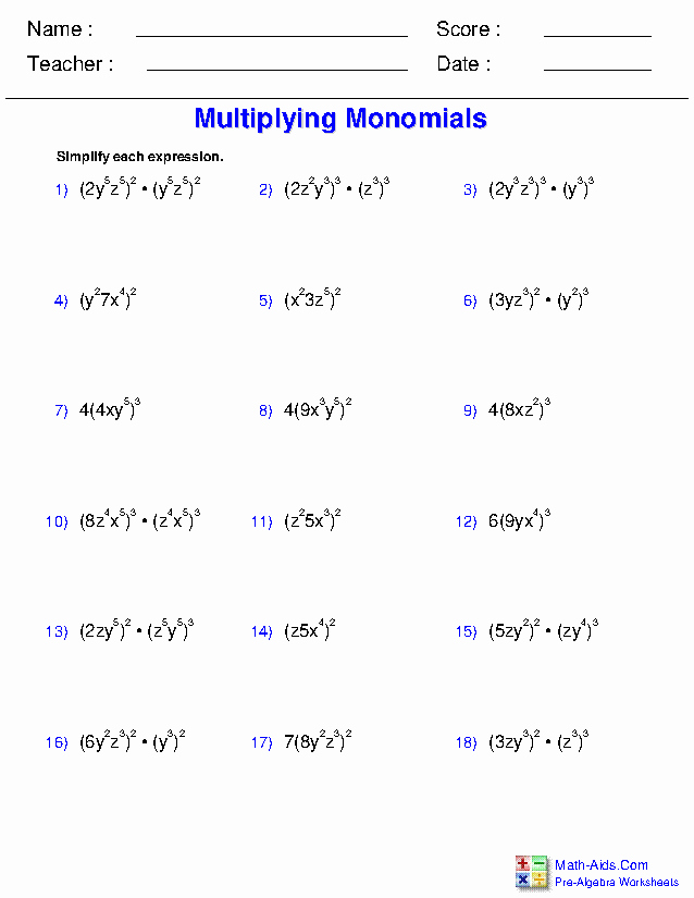 Adding and Subtracting Polynomials Worksheet Fresh Pre Algebra Worksheets
