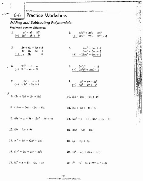 Adding and Subtracting Polynomials Worksheet Inspirational Adding and Subtracting Polynomials Worksheet for 9th