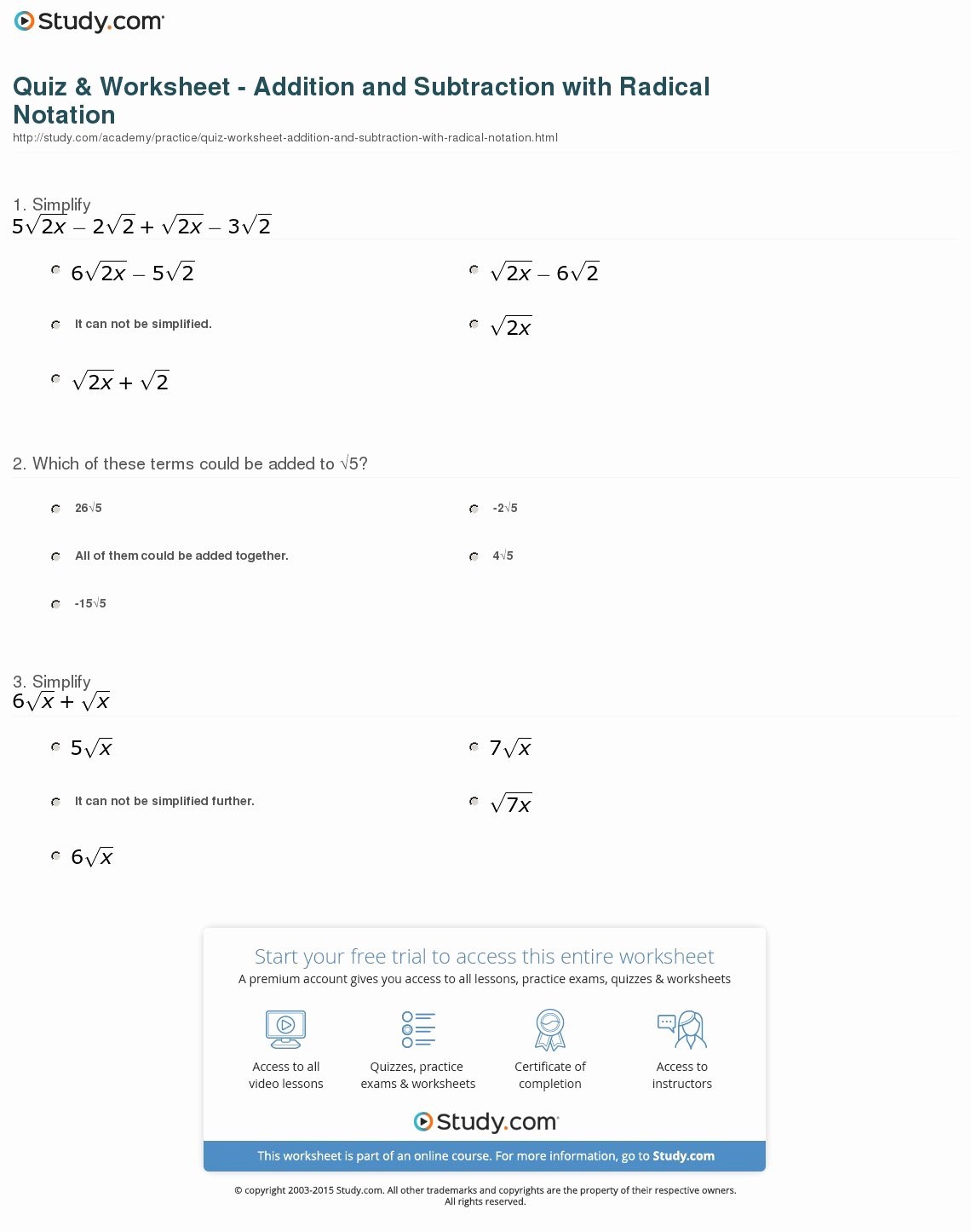 Adding and Subtracting Radicals Worksheet Elegant Quiz &amp; Worksheet Addition and Subtraction with Radical