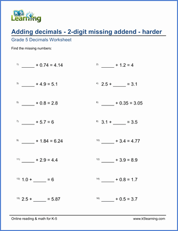 Adding Decimals Worksheet Pdf Awesome Grade 5 Math Worksheet Adding Decimals with Missing 2