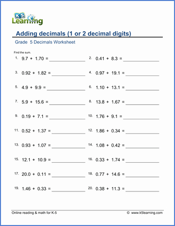 Adding Decimals Worksheet Pdf Lovely Grade 5 Decimals Worksheets Adding Decimals 2 Digits