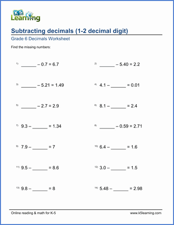 Adding Decimals Worksheet Pdf New Grade 6 Worksheets Subtract Decimals Missing Minuend