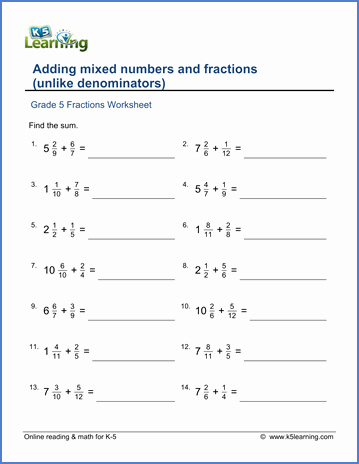 Adding Fractions Worksheet Pdf Elegant Grade 5 Worksheet Add Mixed Numbers &amp; Fractions Unlike