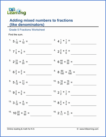Adding Fractions Worksheet Pdf Luxury Grade 5 Worksheet Add Mixed Numbers &amp; Fractions Like