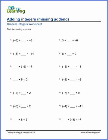 Adding Integers Worksheet Pdf Best Of Grade 6 Math Worksheet Adding Integers with Missing