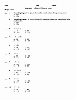 Adding Integers Worksheet Pdf Best Of Integers Adding and Subtracting Quiz and Practice