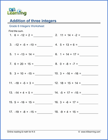Adding Integers Worksheet Pdf Inspirational Grade 6 Math Worksheet Addition Of 3 Integers