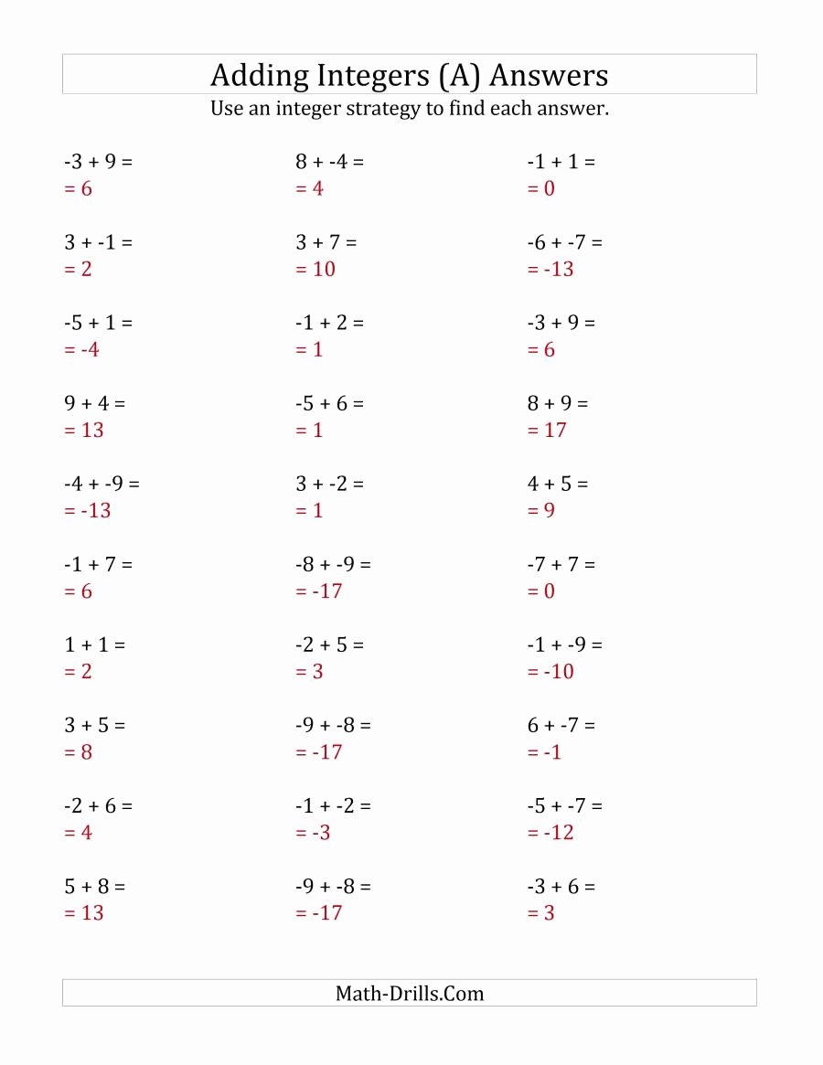Adding Integers Worksheet Pdf New Adding Integers From 9 to 9 No Parentheses A