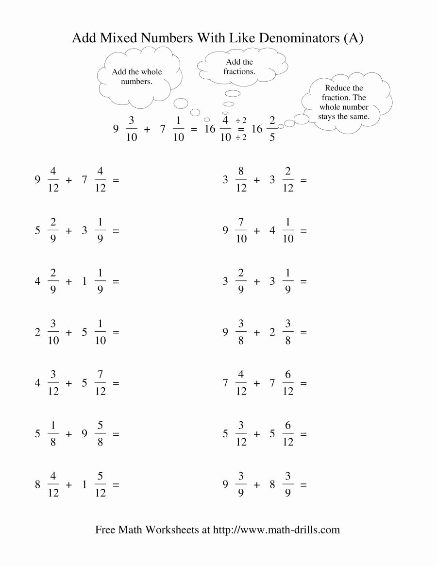 Adding Mixed Numbers Worksheet Elegant Adding Mixed Fractions Like Denominators Reducing No