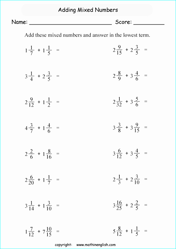 Adding Mixed Numbers Worksheet Inspirational Addition or Mixed Numbers Worksheet for Sixth Grade Math