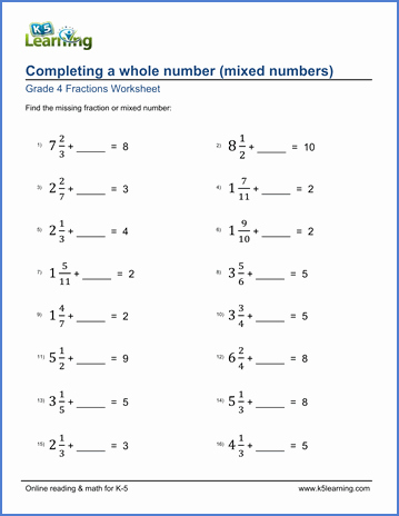 Adding Mixed Numbers Worksheet Lovely Grade 4 Fraction Worksheets Pleting whole Numbers