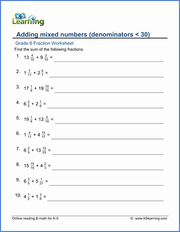 Adding Mixed Numbers Worksheet Luxury Grade 6 Math Worksheet Fractions Adding Mixed Numbers