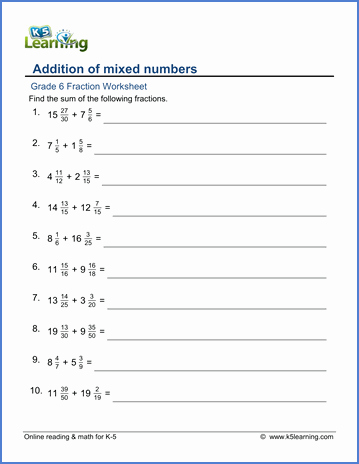 Adding Mixed Numbers Worksheet New Grade 6 Fraction Worksheets Adding Mixed Numbers
