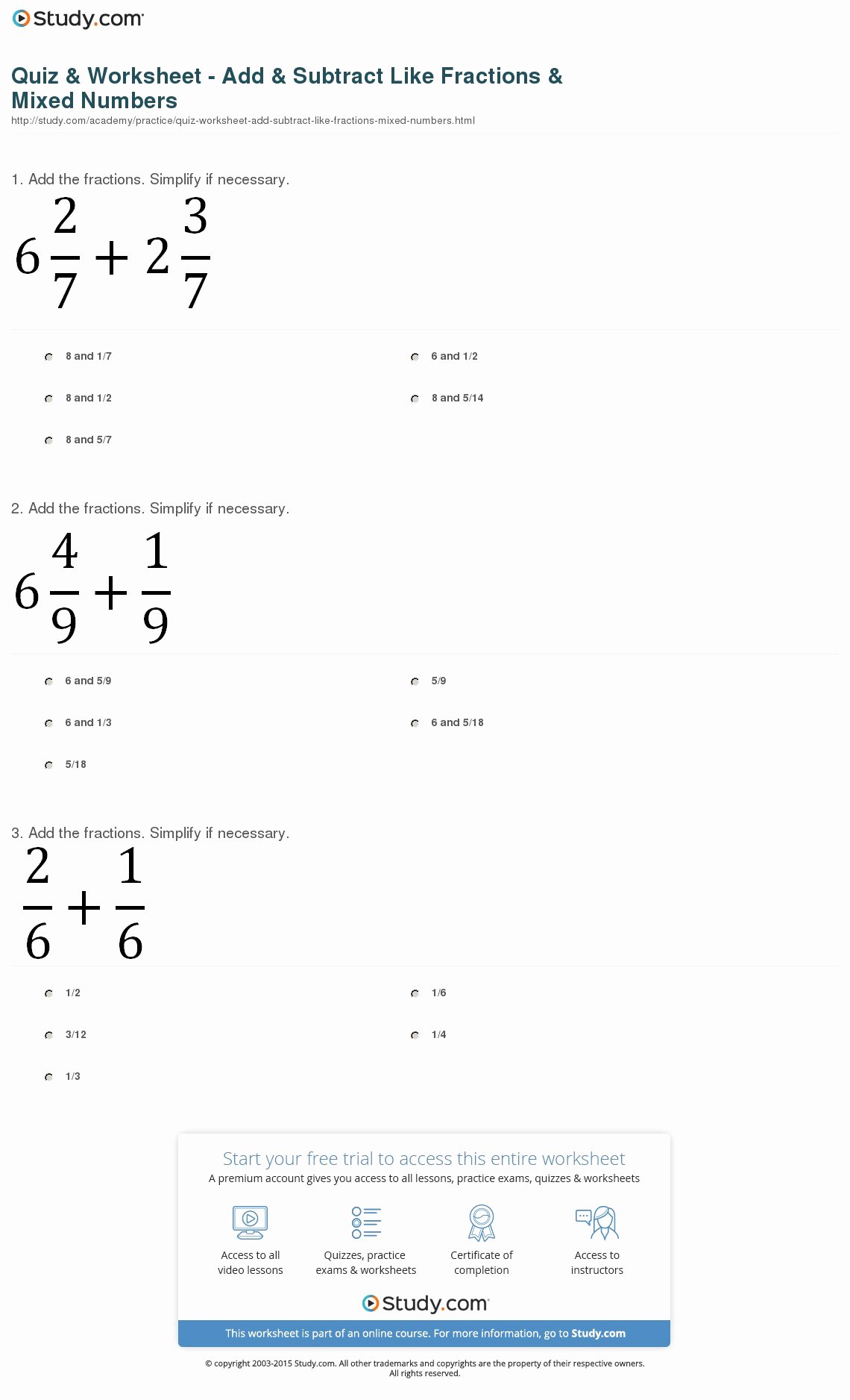 Adding Mixed Numbers Worksheet Unique Quiz &amp; Worksheet Add &amp; Subtract Like Fractions &amp; Mixed