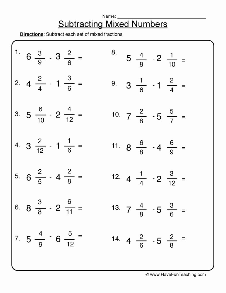 Adding Mixed Numbers Worksheet Unique Subtracting Mixed Numbers Worksheet 2
