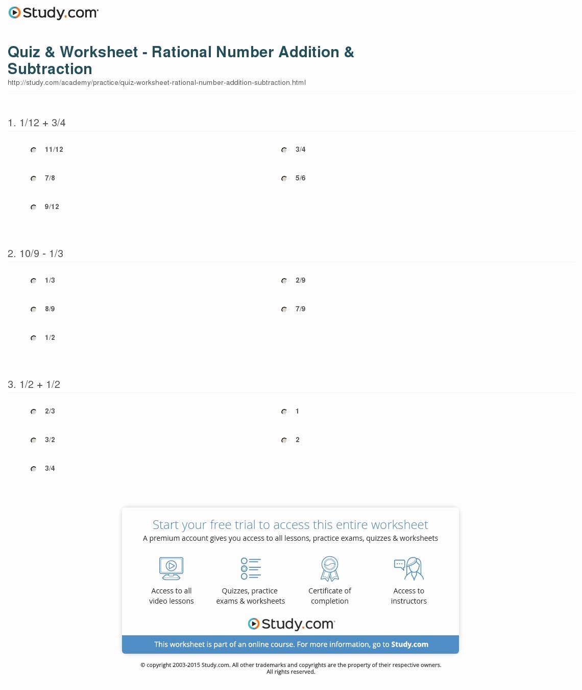 Adding Rational Numbers Worksheet Inspirational Quiz &amp; Worksheet Rational Number Addition &amp; Subtraction