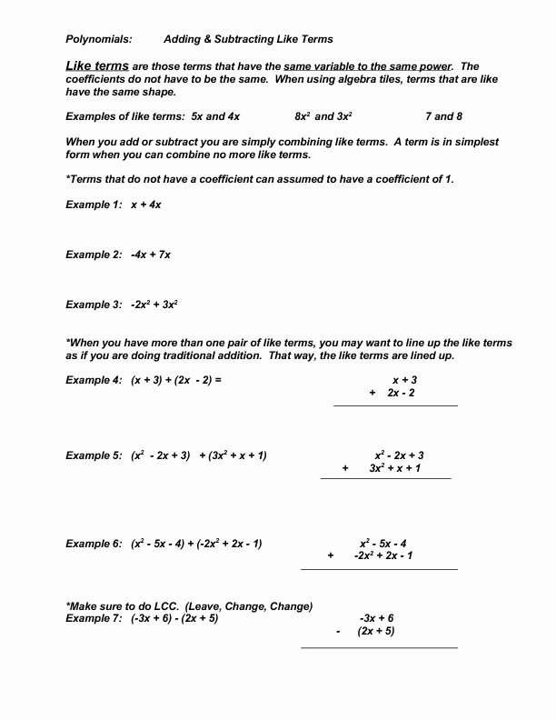 Adding Subtracting Polynomials Worksheet New Polynomials Adding and Subtracting Like Terms Worksheet