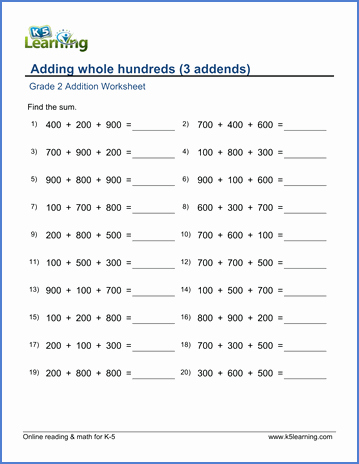 Adding Three Numbers Worksheet Elegant Grade 2 Math Worksheets Adding whole Hundreds Three