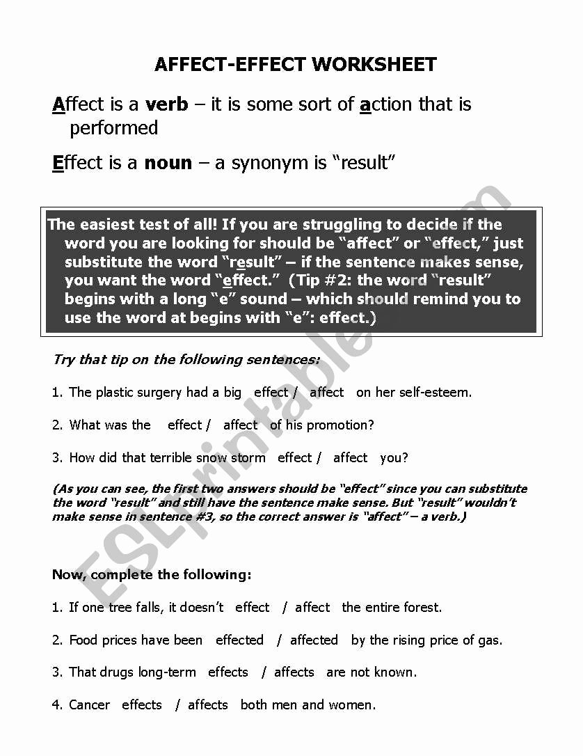 50 Affect Vs Effect Worksheet