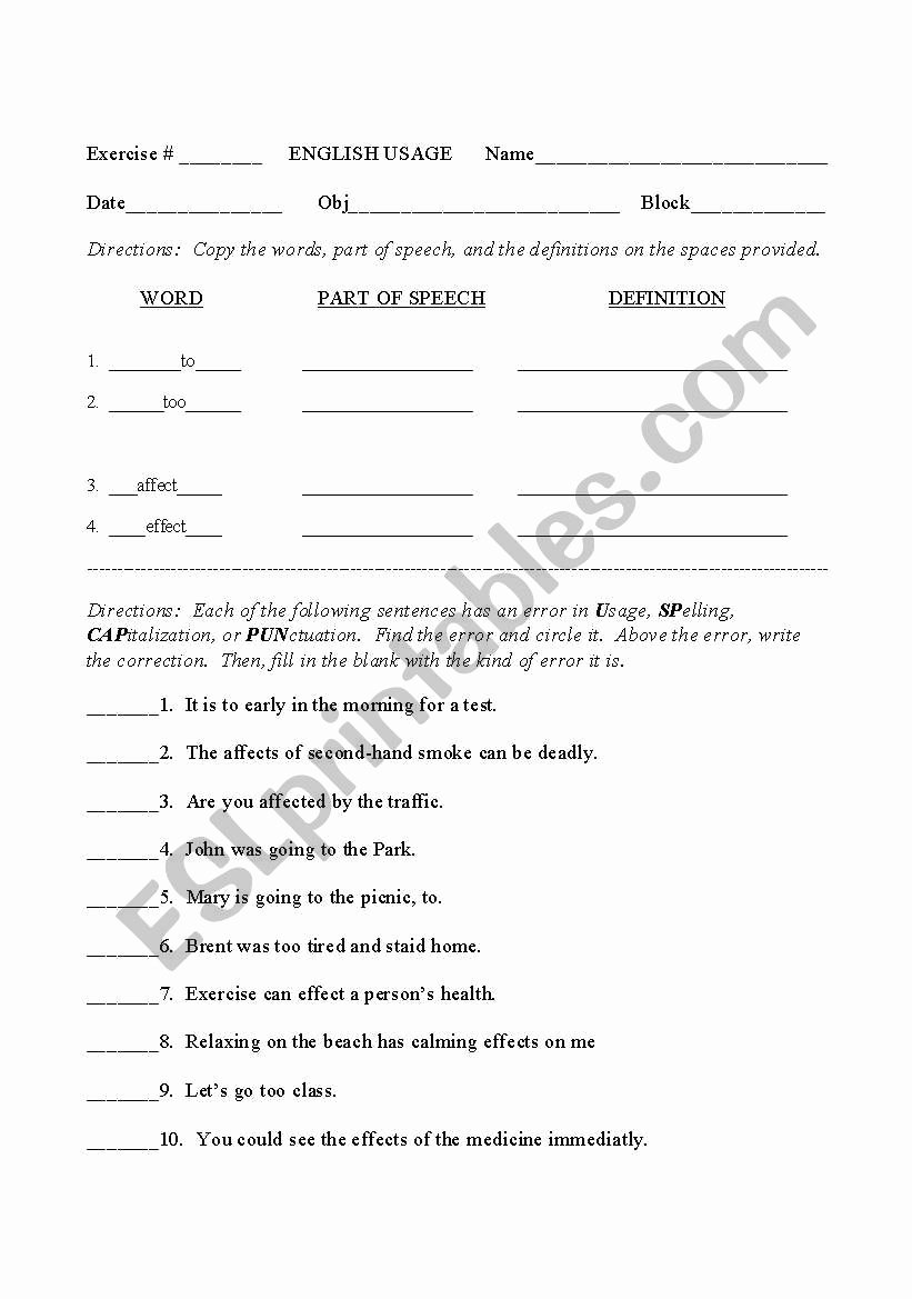 Affect Vs Effect Worksheet Elegant English Worksheets English Usage Pairs to too and Affect