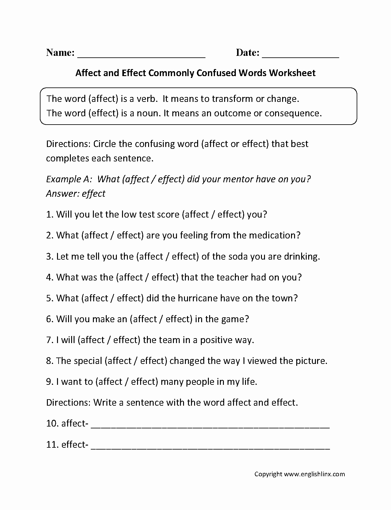 50 Affect Vs Effect Worksheet