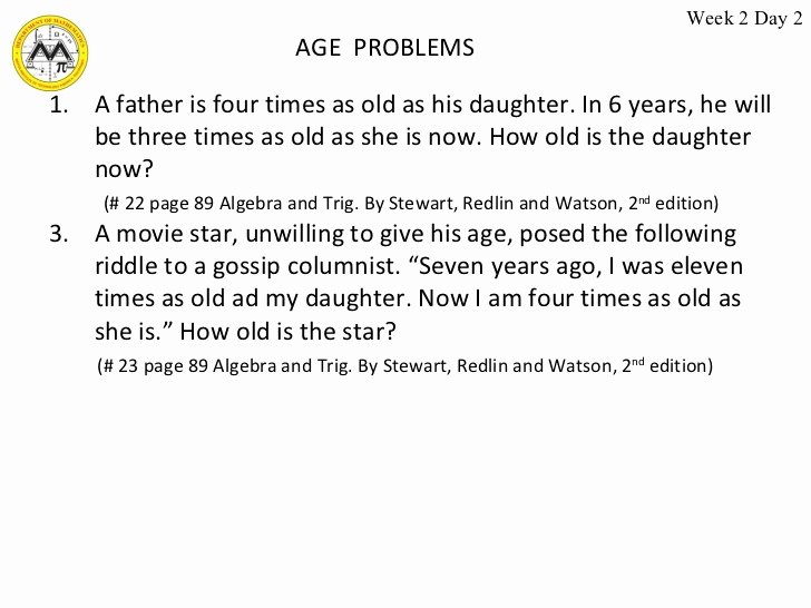 Age Word Problems Worksheet