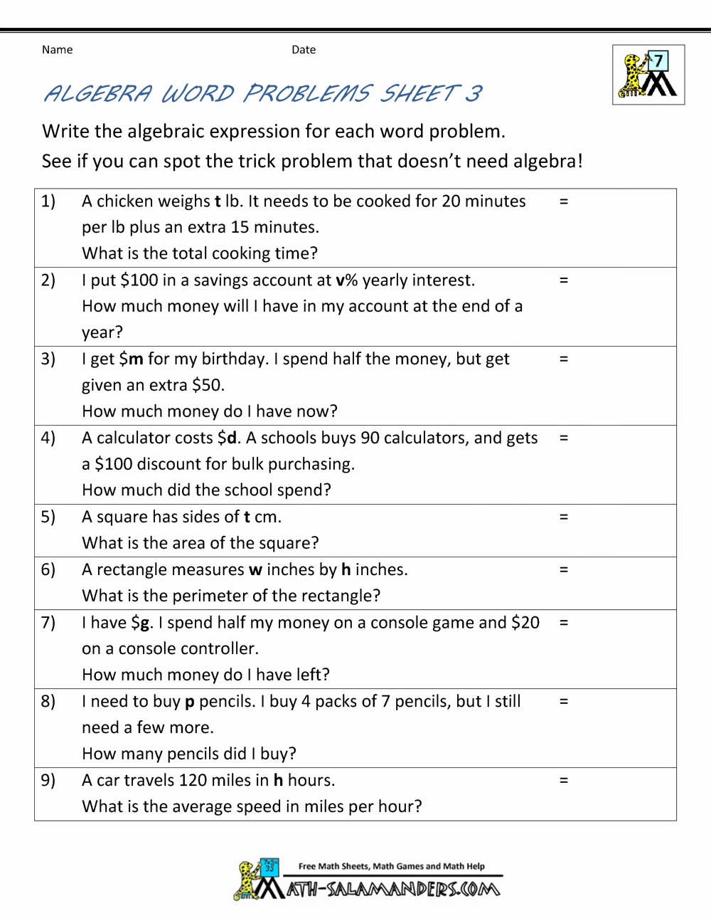 Algebra Word Problems Worksheets