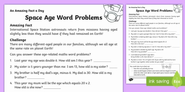 Age Word Problems Worksheet Luxury Space Age Word Problems Worksheet Activity Sheet Worksheet
