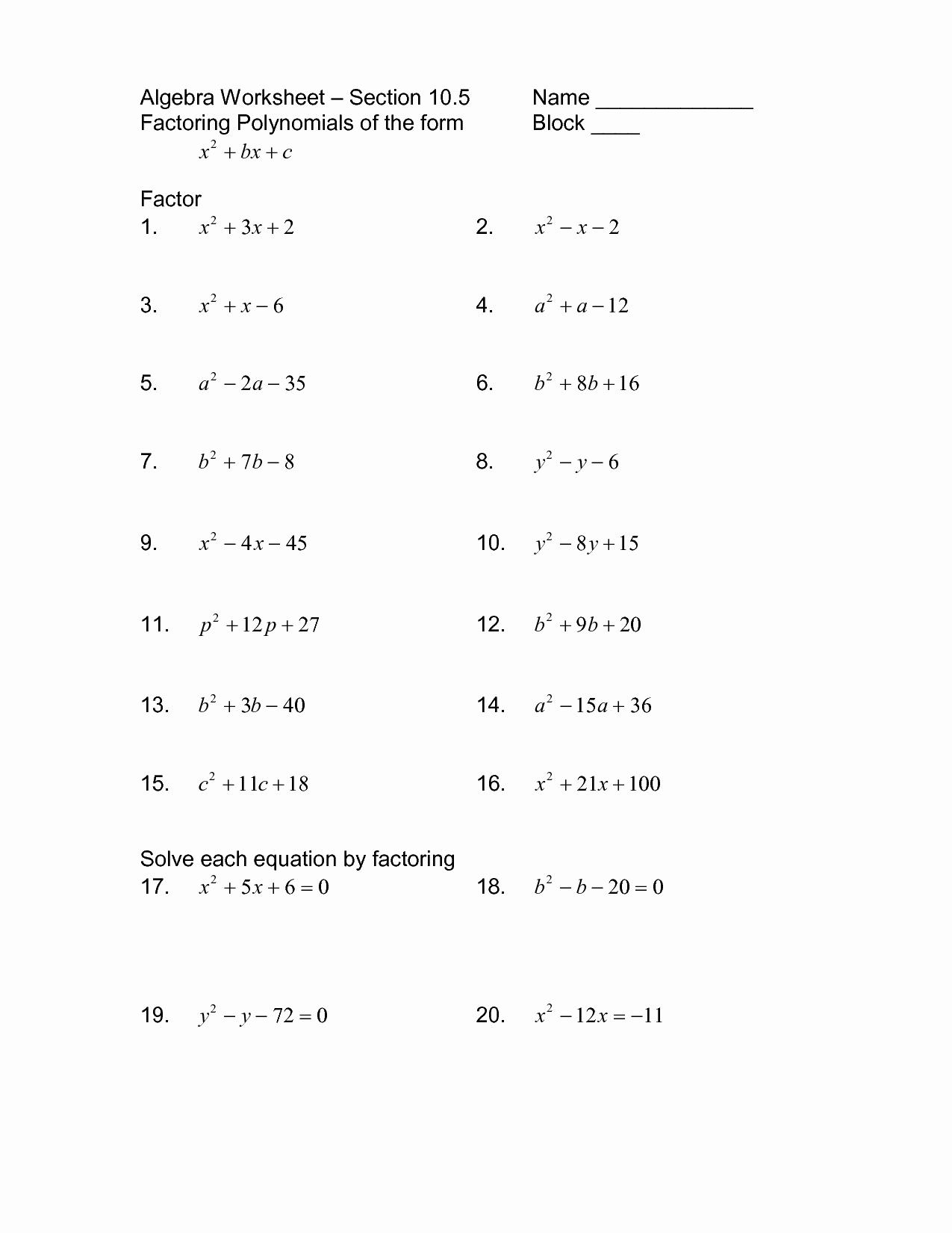 Algebra 1 Factoring Worksheet Elegant 14 Best Of Kuta software Factoring Trinomials