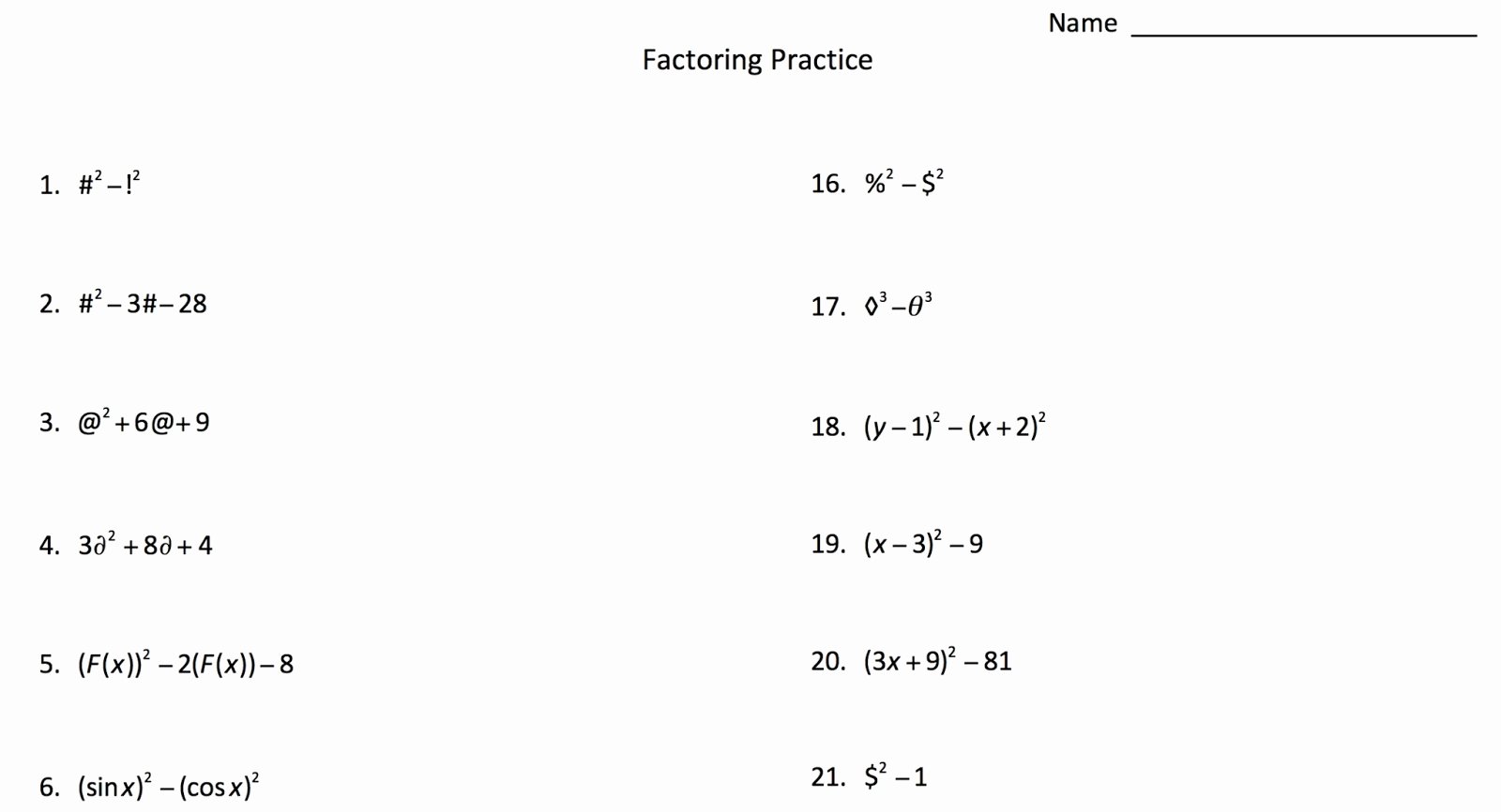 Algebra 1 Factoring Worksheet Lovely Factoring with Symbols