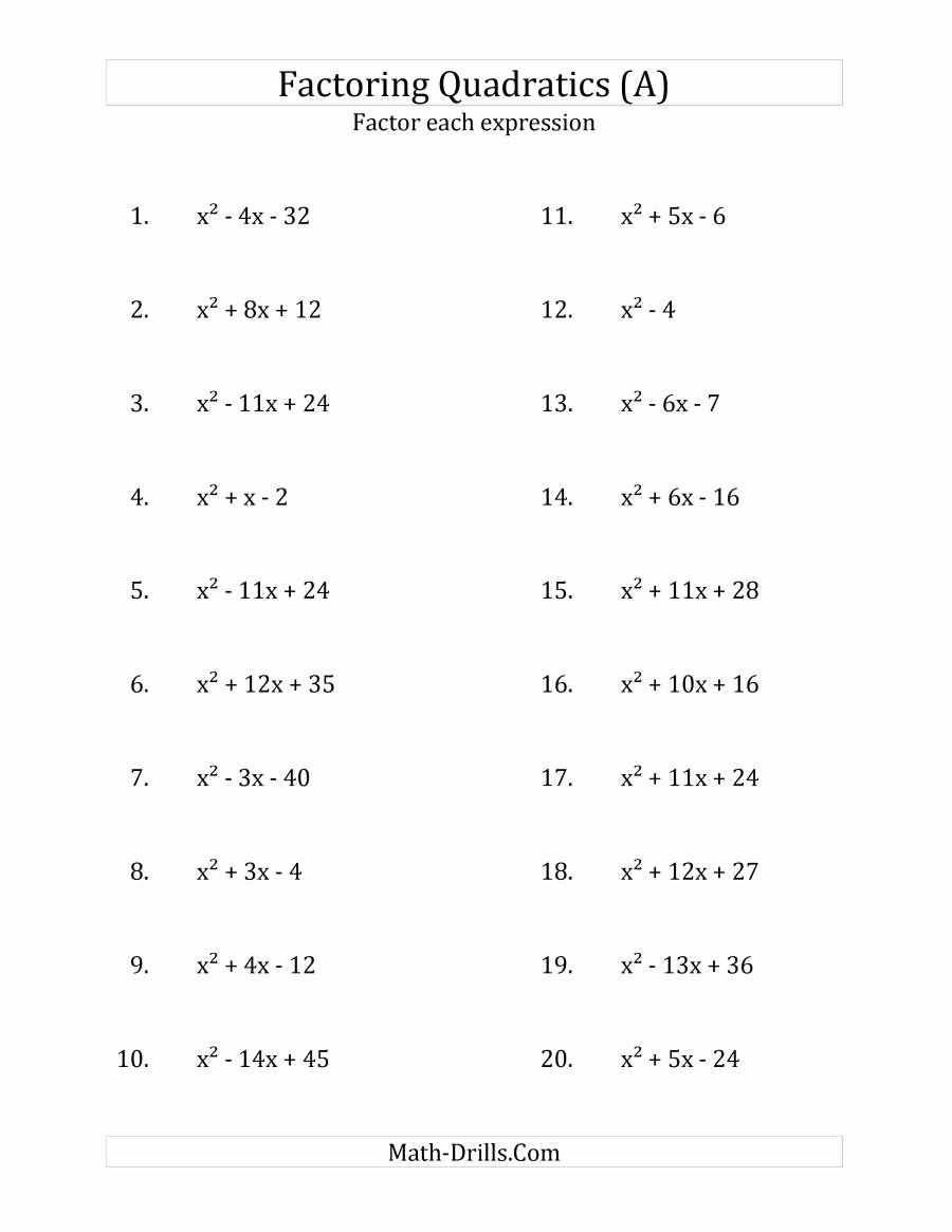 Algebra 1 Factoring Worksheet New Factoring Quadratic Expressions with A Coefficients Of 1 A