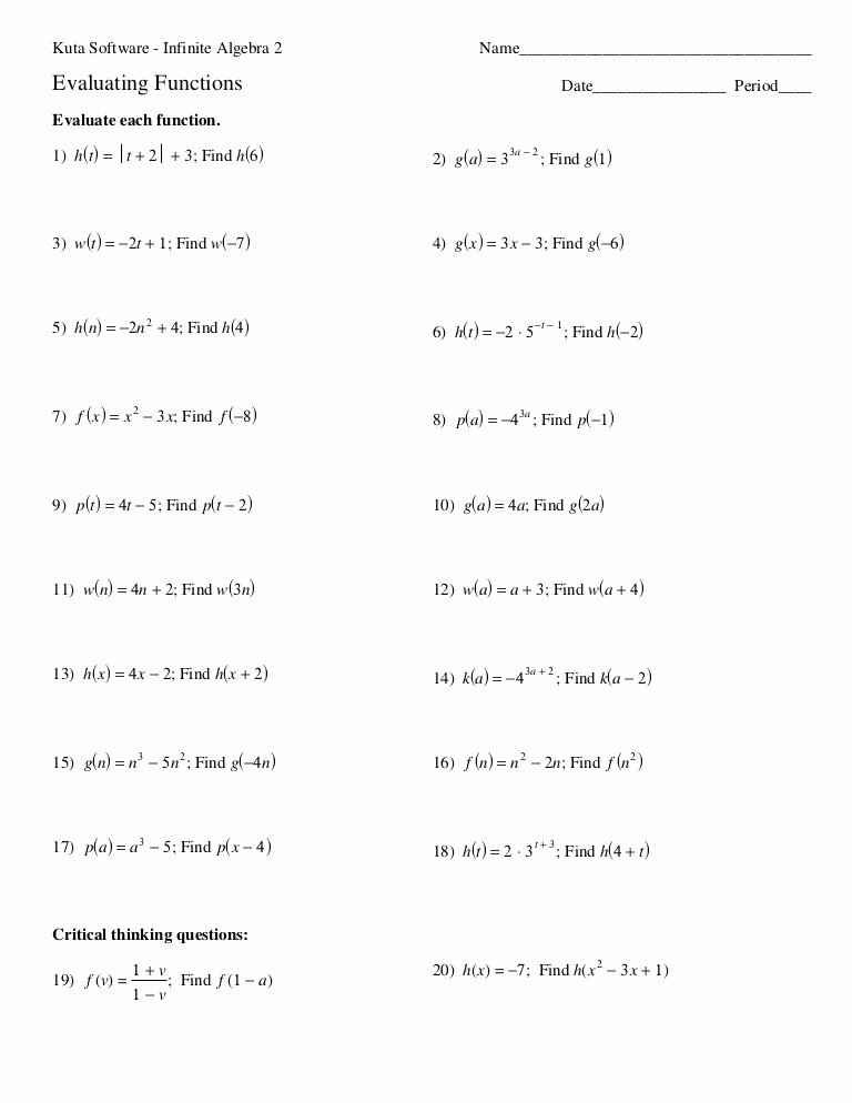 Algebra 1 Function Notation Worksheet Fresh Evaluating Functions Handout 2