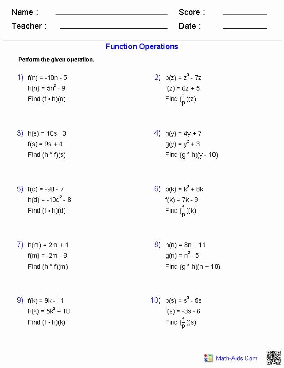 Algebra 1 Function Notation Worksheet