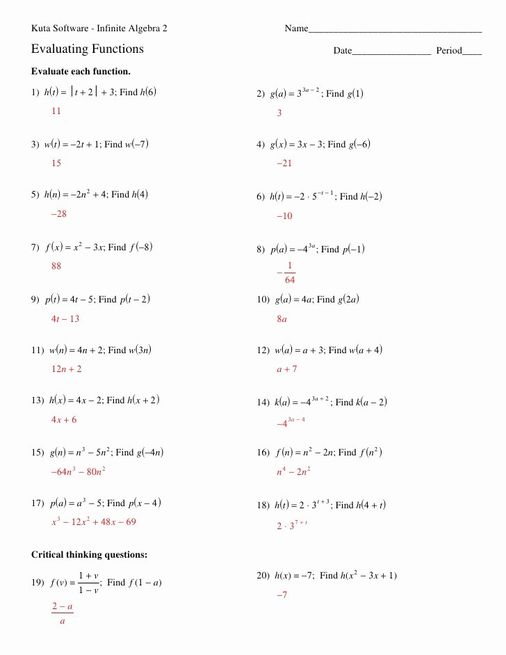 Algebra 1 Functions Worksheet Luxury Evaluating Functions Handout 2