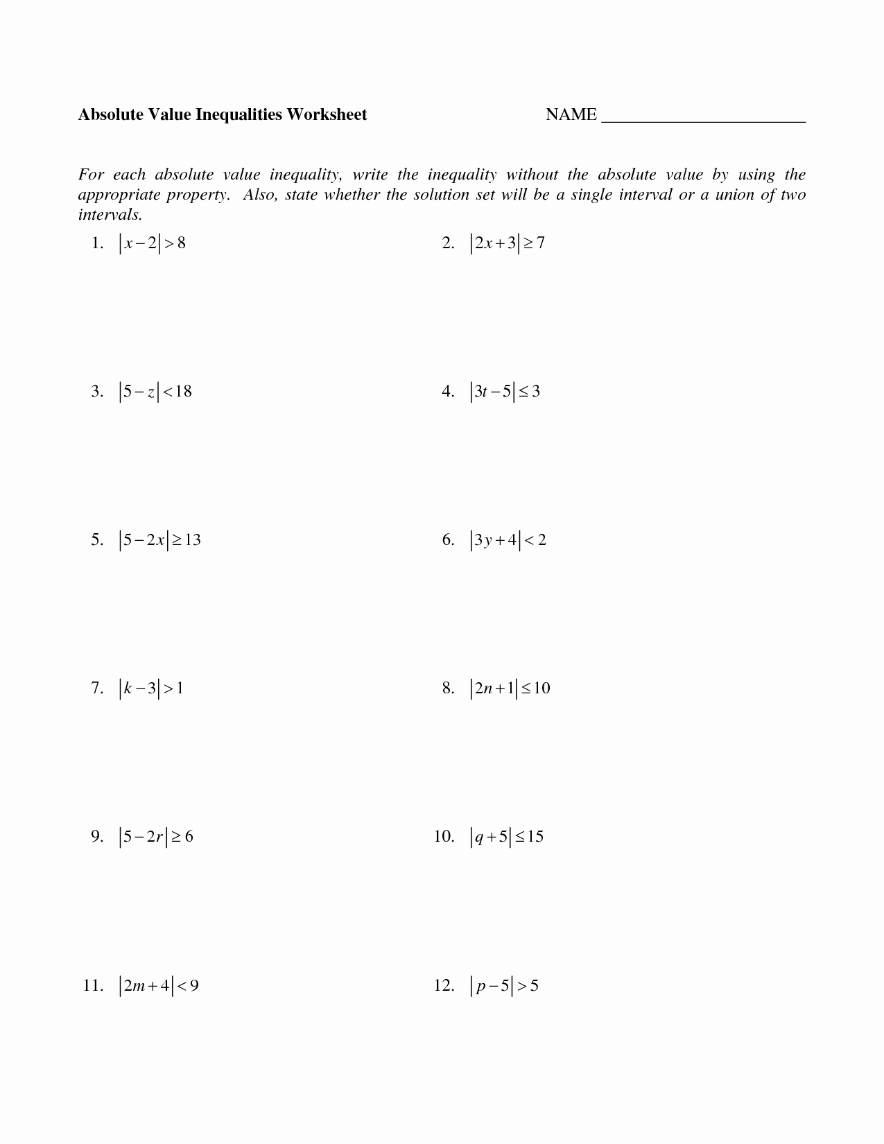 50 Algebra 1 Inequalities Worksheet