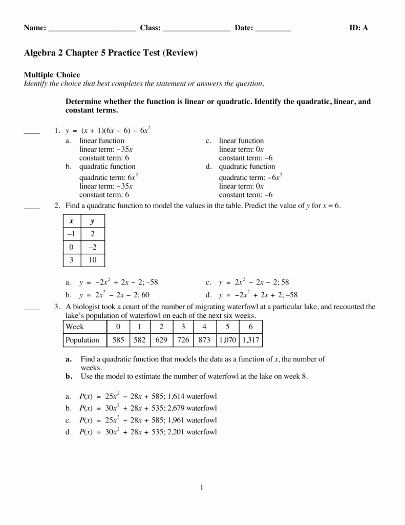 Algebra 1 Review Worksheet Beautiful Algebra 2 Chapter 5 Practice Test Review