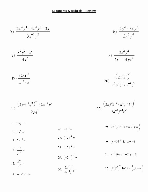 Algebra 1 Review Worksheet Beautiful Exponents and Radicals Review Worksheet for 9th 11th