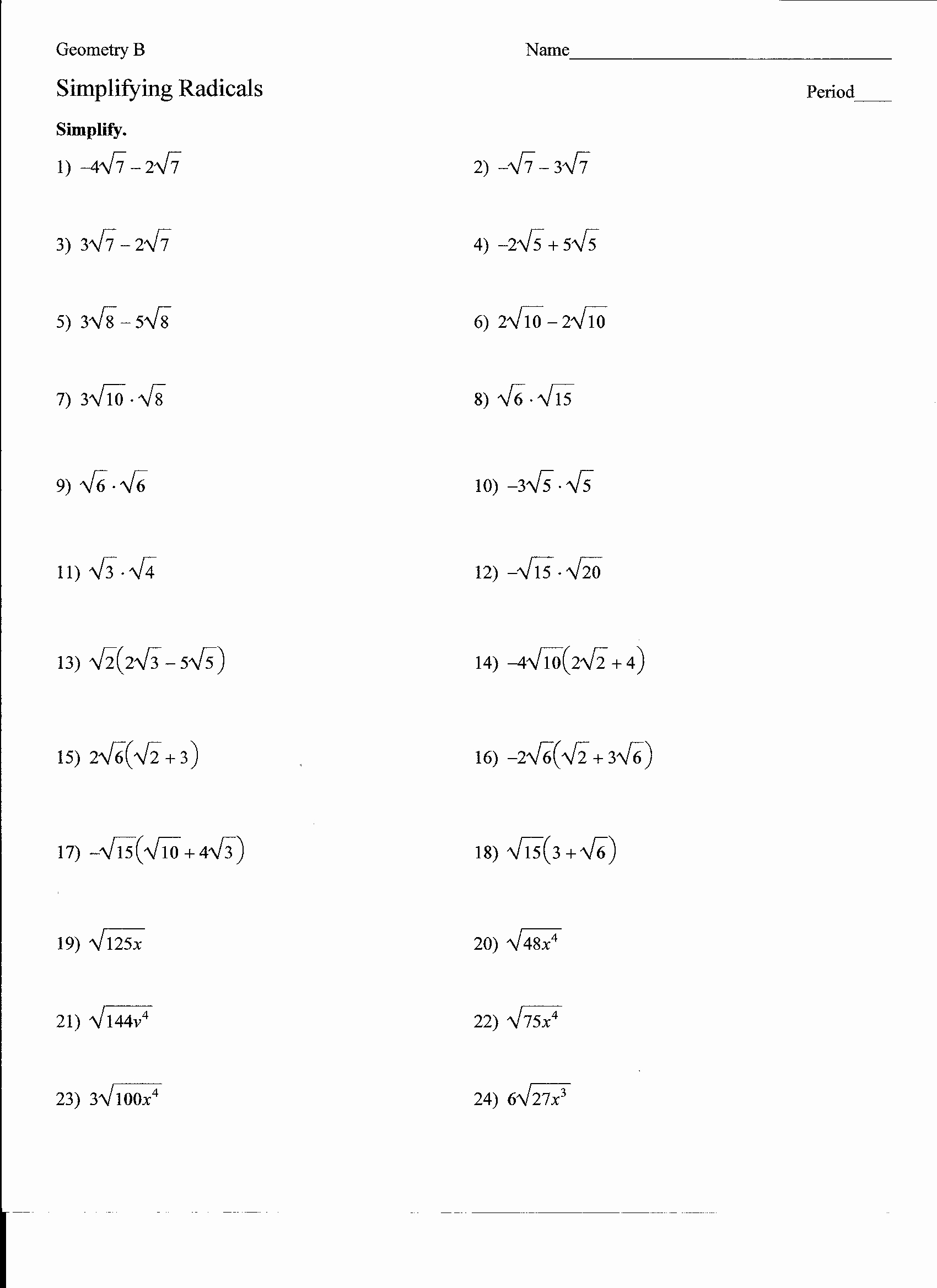 Simplifying Radicals Algebra 1 Worksheet