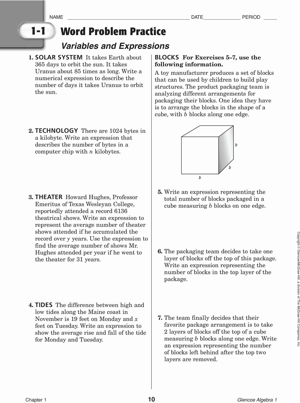 Algebra 1 Word Problems Worksheet Beautiful 1 1 Word Problem Practice Variables and Expressions Pdf