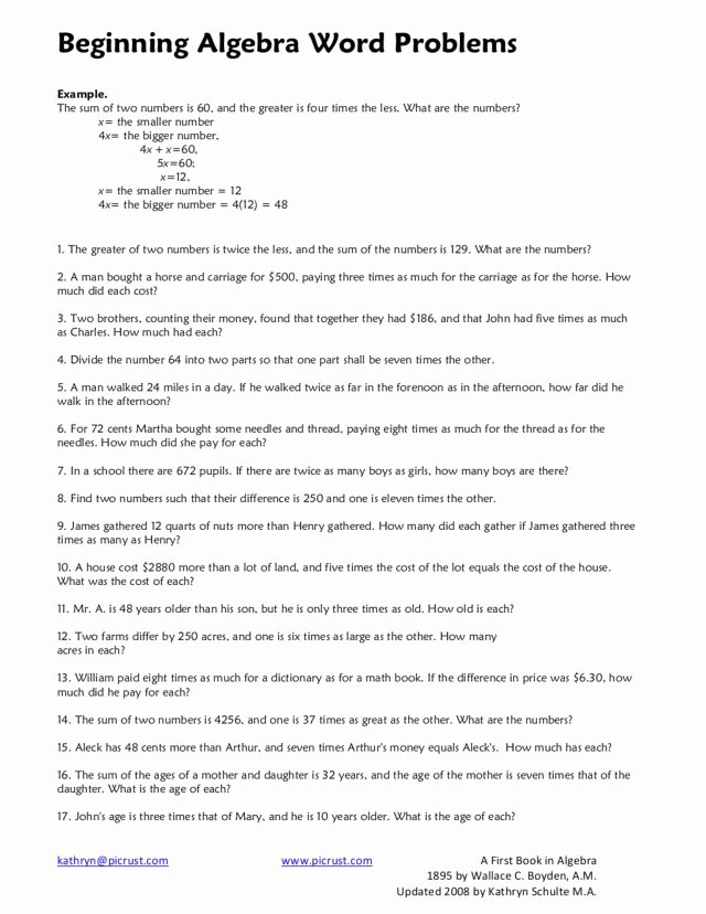 Algebra 1 Word Problems Worksheet Best Of Beginning Algebra Word Problems Worksheet for 8th 10th