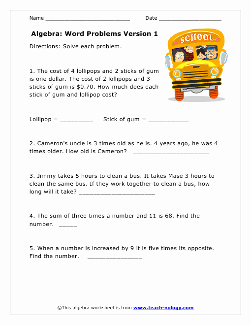Algebra 1 Word Problems Worksheet Fresh Algebra Based Word Problems Version 1