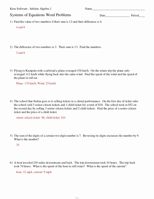 Algebra 1 Word Problems Worksheet Lovely System Equations Word Problems Worksheet Algebra 1